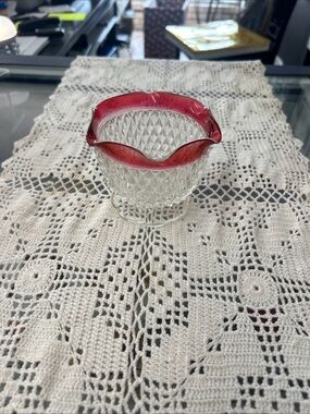 Indiana Glass Clear Diamond-Cut Glass Dish with Red Ruffled Rim